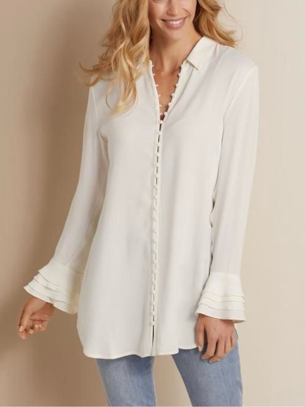 Soft Surroundings Poet Blouse Tunic Size L Ivory Tiered Ruffle Cuffs